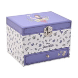 Lilac and white rectangular musical jewellery box with floral print, metal clasp, pull-handle drawer, mirror, and Snow White lid illustration, shown on a plain white background.