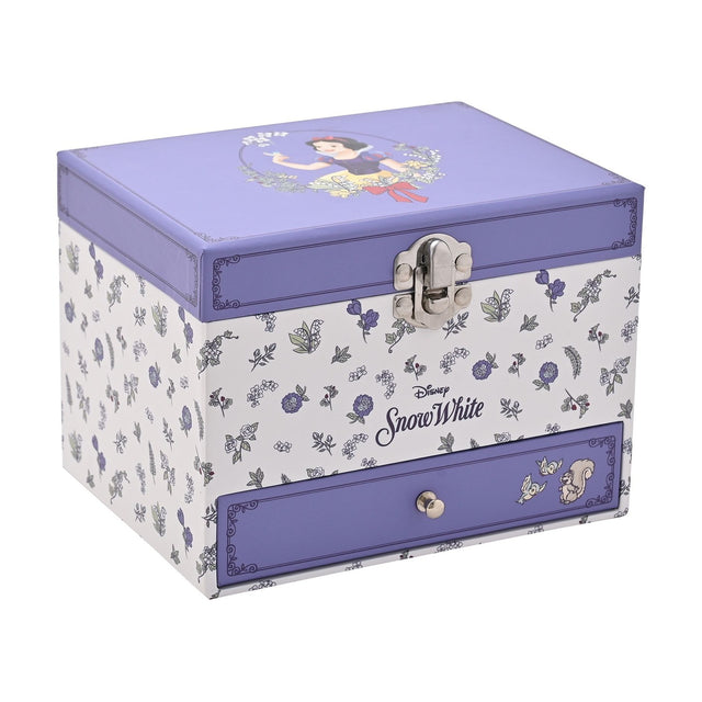 Lilac and white rectangular musical jewellery box with floral print, metal clasp, pull-handle drawer, mirror, and Snow White lid illustration, shown on a plain white background.