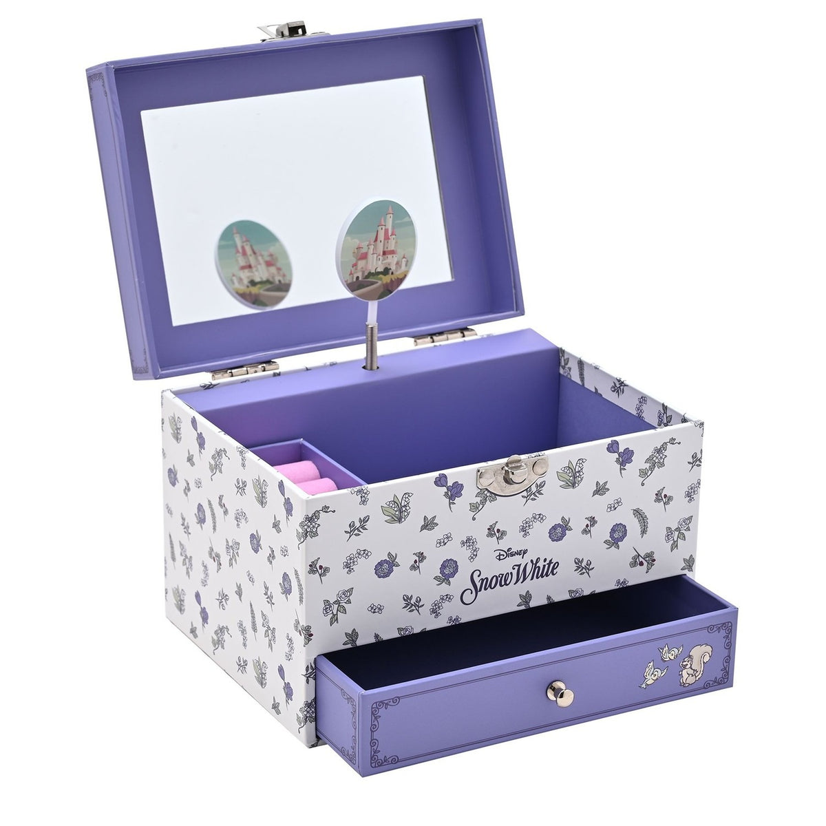 Snow White musical jewellery box with lilac interior, mirrored lift-up lid, floral white exterior panels, pull-out drawer, and extra compartment, shown open on a white background.