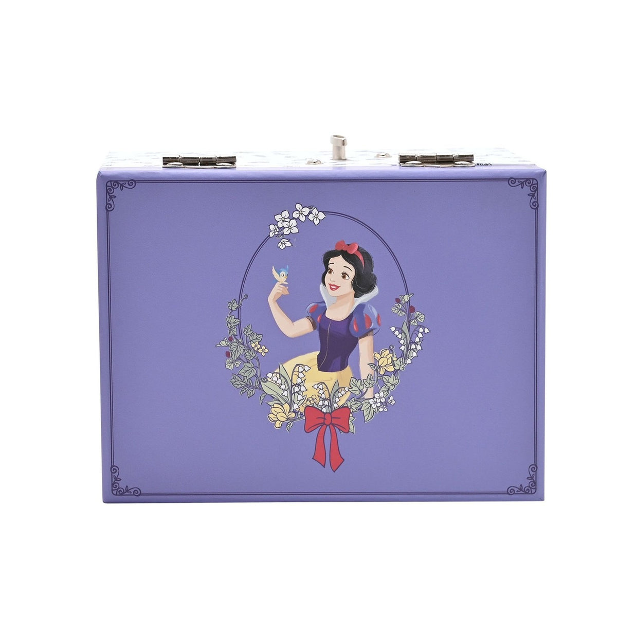Snow White Musical Jewellery Box with lilac lid featuring the princess and bluebird in a floral wreath, white patterned sides, metal hinge clasp, shown on a plain background.