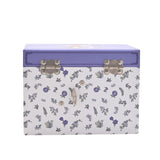 Snow White Musical Jewellery Box with Drawer and Mirror, rectangular, shown closed with lilac lid and hinged clasps, white sides patterned with floral print, on a plain white background.