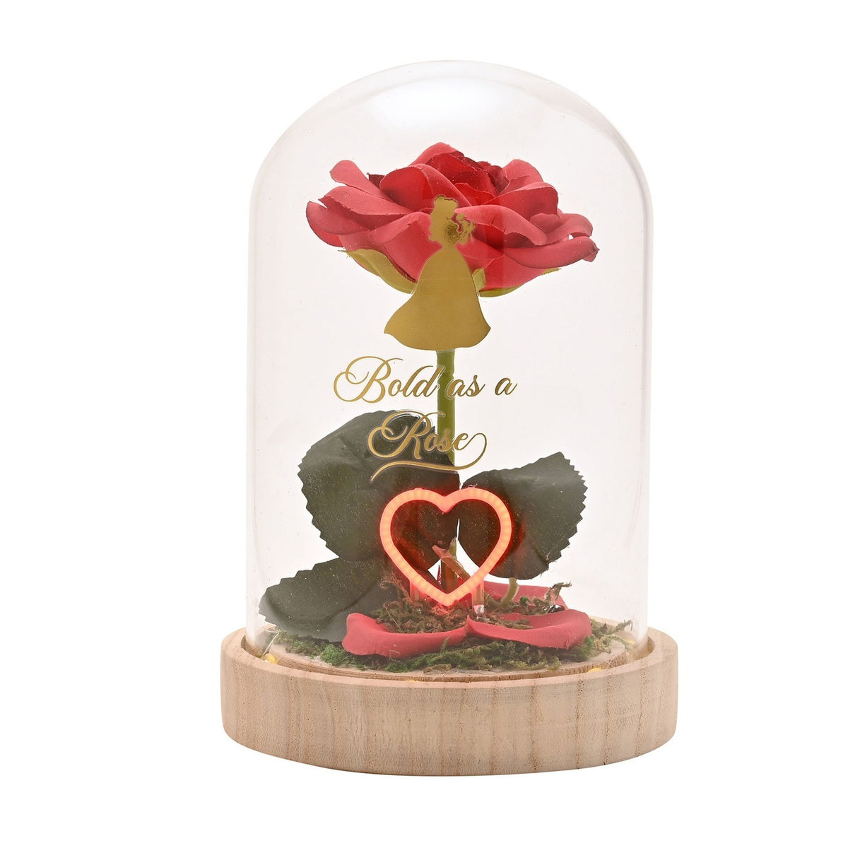 Belle neon light-up cloche with a red rose under a glass dome, gold Belle silhouette, Bold as a Rose script, heart light and mossy greenery on a wooden base.