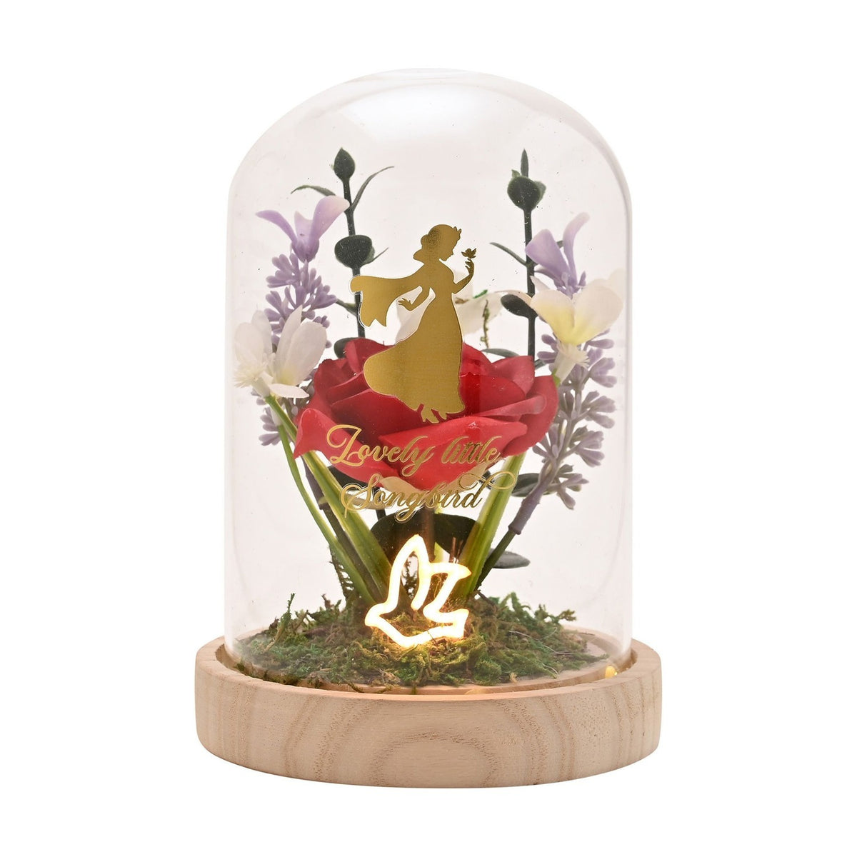 Light-up cloche decoration with a gold Snow White silhouette over a red rose reading "Lovely little Songbird," pastel lilac and white blooms on moss, in a clear arched dome on a wooden base.