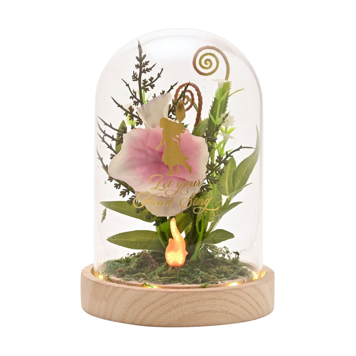 Light-up glass cloche on a wooden base featuring a pink and white bloom, green foliage, gold spiral curls, a princess silhouette, and the text Let Your Heart Sing.