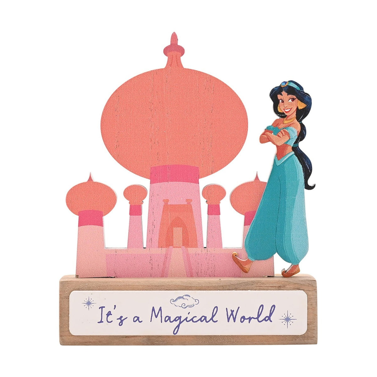 Wooden standing plaque with a pastel coral and pink palace silhouette beside a painted Princess Jasmine figure, on a base reading It's a Magical World.