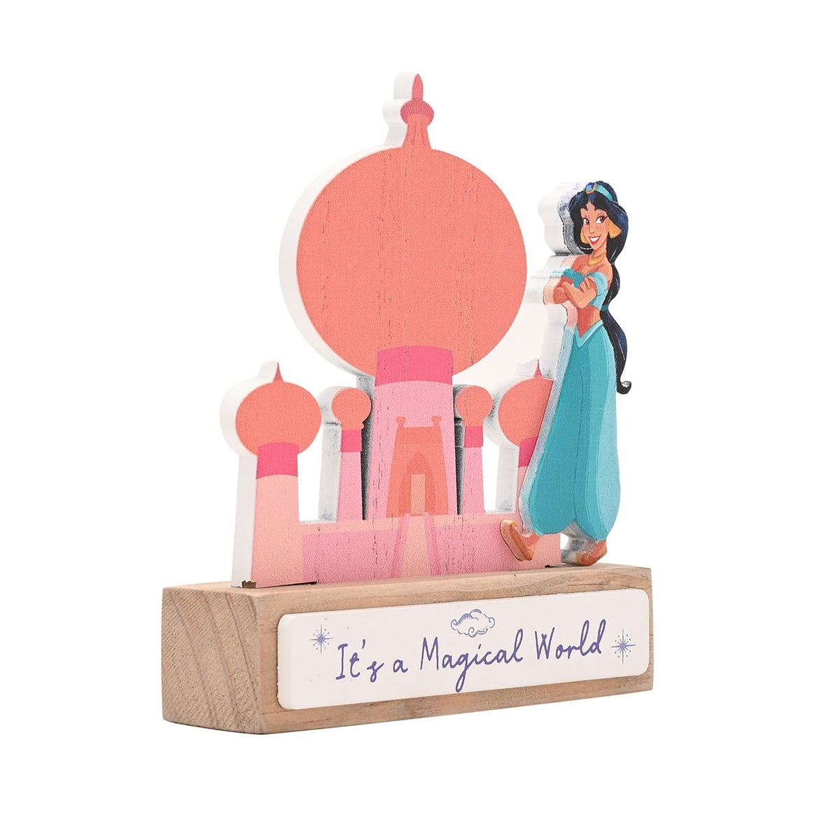 Wooden standing plaque of Princess Jasmine beside a pastel coral and pink palace silhouette with onion domes, on a wood block base reading "It's a Magical World," shown on a white background.