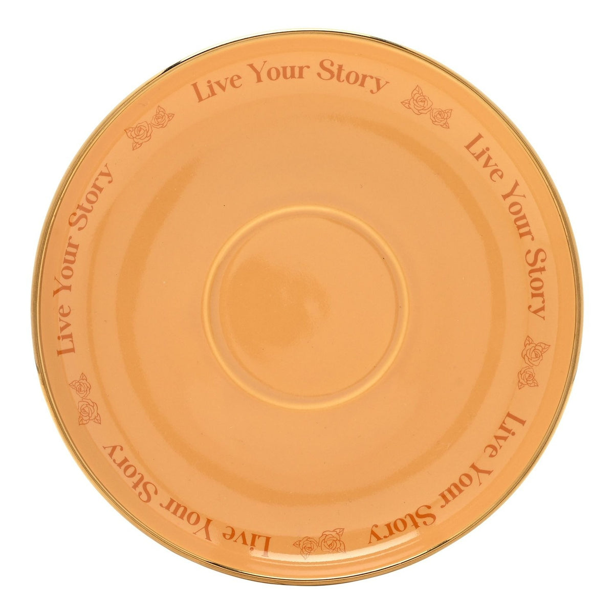 Round porcelain saucer in yellow with gold rim, printed "Live Your Story" text and small rose motifs encircling a raised centre, shown on a plain white background.