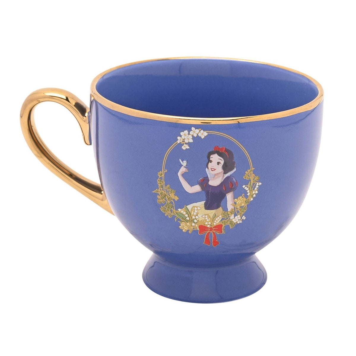Purple porcelain tea cup with gold handle and rim, featuring Snow White in an oval floral wreath with a bird and red bow, on a footed base against a white background.