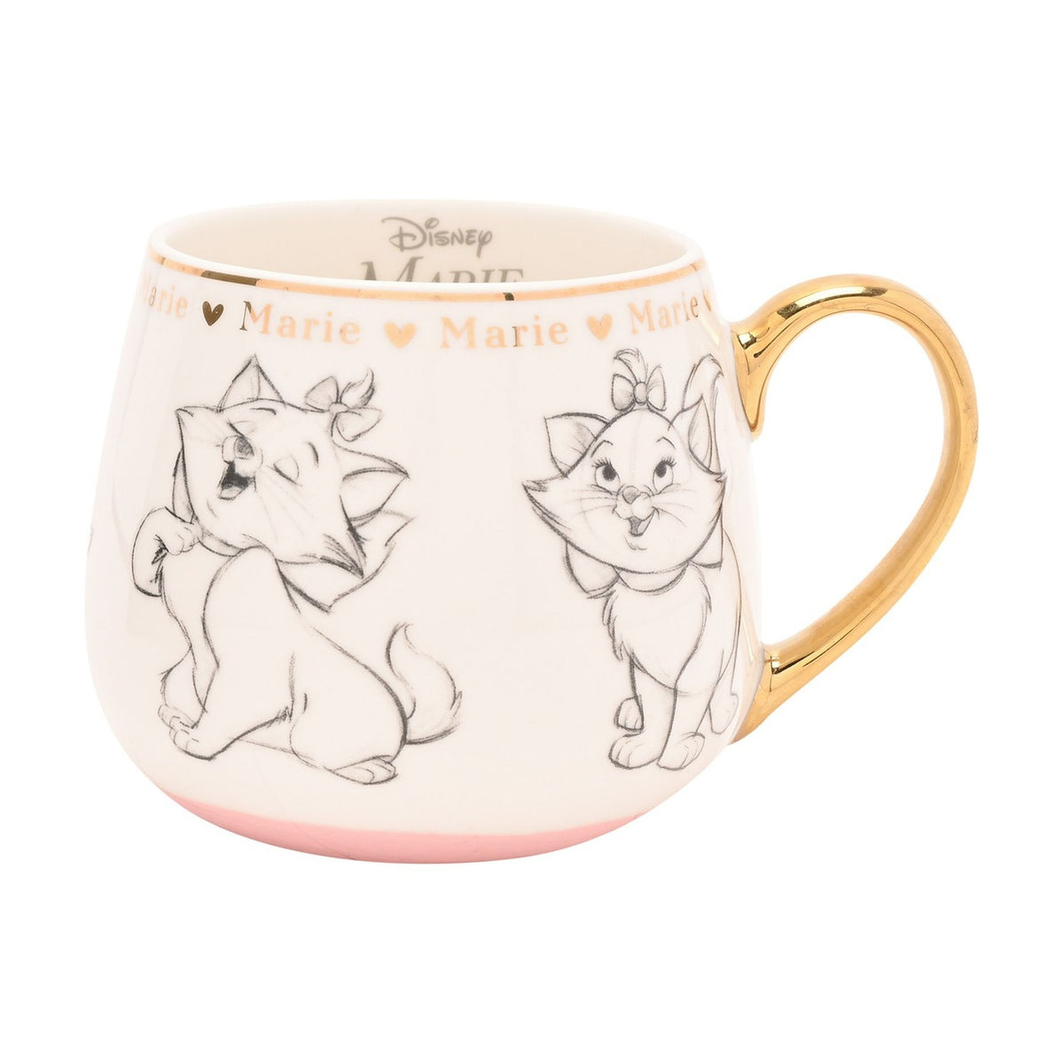 White porcelain mug with pencil-style sketches of Marie the kitten, gold rim, handle, and lettering reading "Marie" with hearts, pink base band, 400ml, on a plain white background.