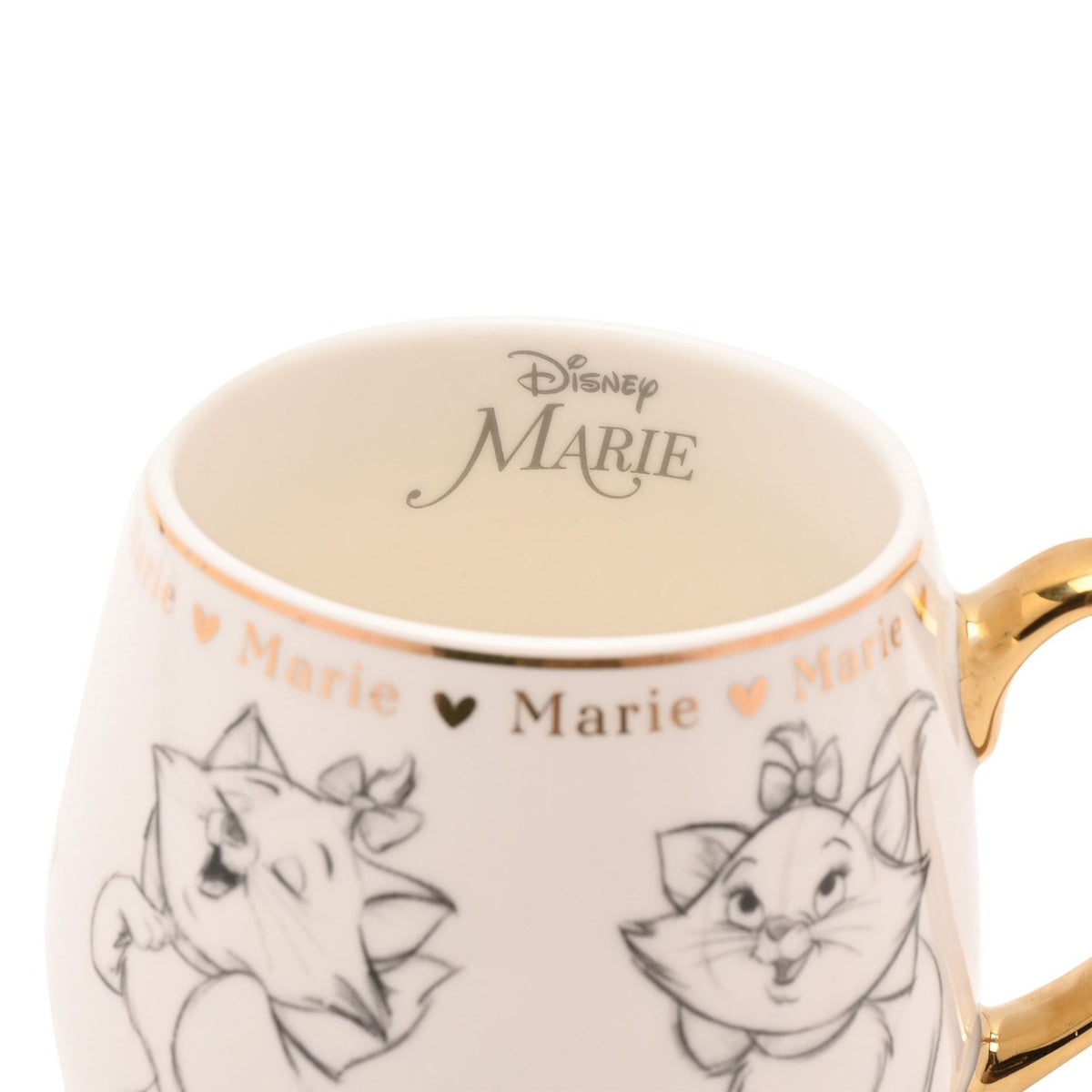 White porcelain Sketched Marie Kitten mug, 400ml, with grey pencil-style kitten drawings, gold "Marie" lettering and hearts, gold rim, and gold handle.