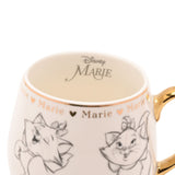 White porcelain Sketched Marie Kitten mug, 400ml, with grey pencil-style kitten drawings, gold "Marie" lettering and hearts, gold rim, and gold handle.