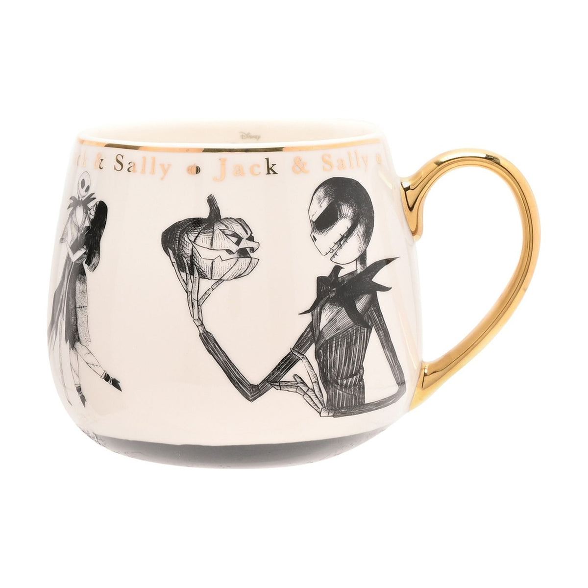 Cream porcelain mug with gold handle featuring black sketched Jack and Sally artwork and gold "Jack & Sally" lettering below the rim, shown on a plain white background.