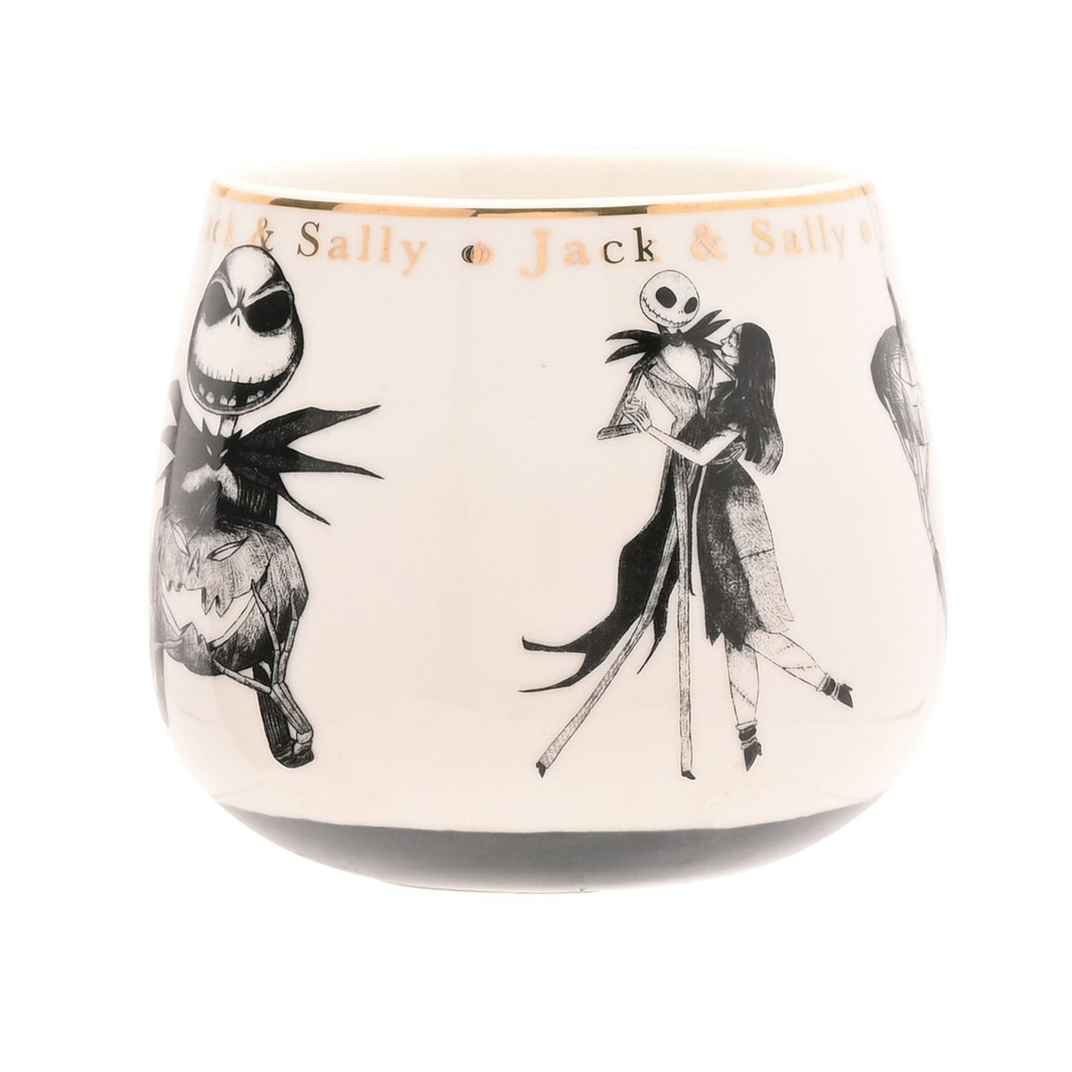 Cream porcelain mug with gold "Jack & Sally" lettering below the rim, featuring black sketched illustrations of Jack dancing with Sally and holding a carved pumpkin, on a plain white background.