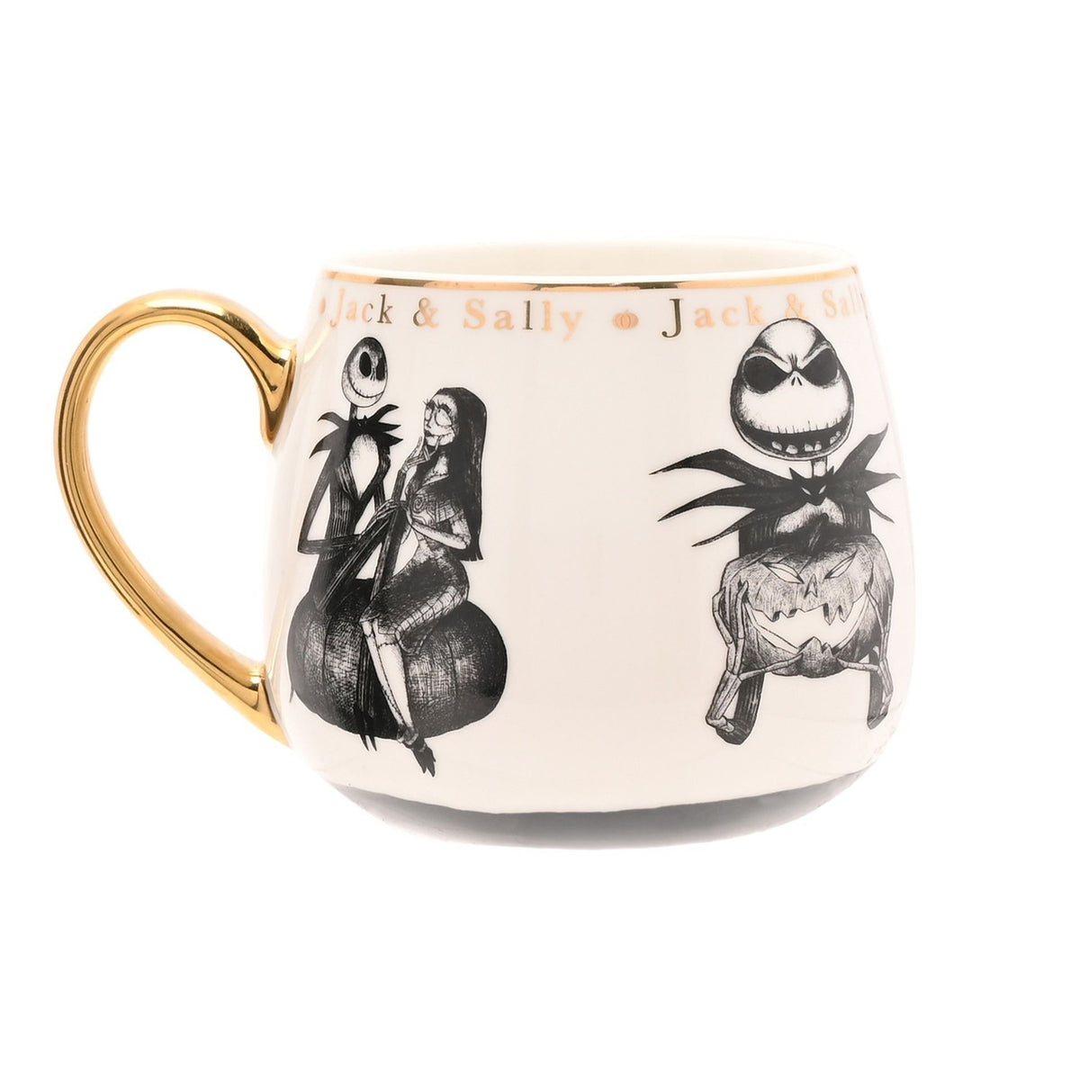 Cream porcelain mug with gold handle featuring black sketched Jack and Sally artwork and "Jack & Sally" lettered in gold below the rim, on a plain white background.
