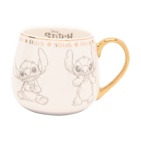 Stitch Classic Collectable Porcelain Mug 400ml in white with a gold handle, rim, and banded "Stitch" text, featuring grey pencil-style sketches of Stitch sitting and standing, on a plain background.