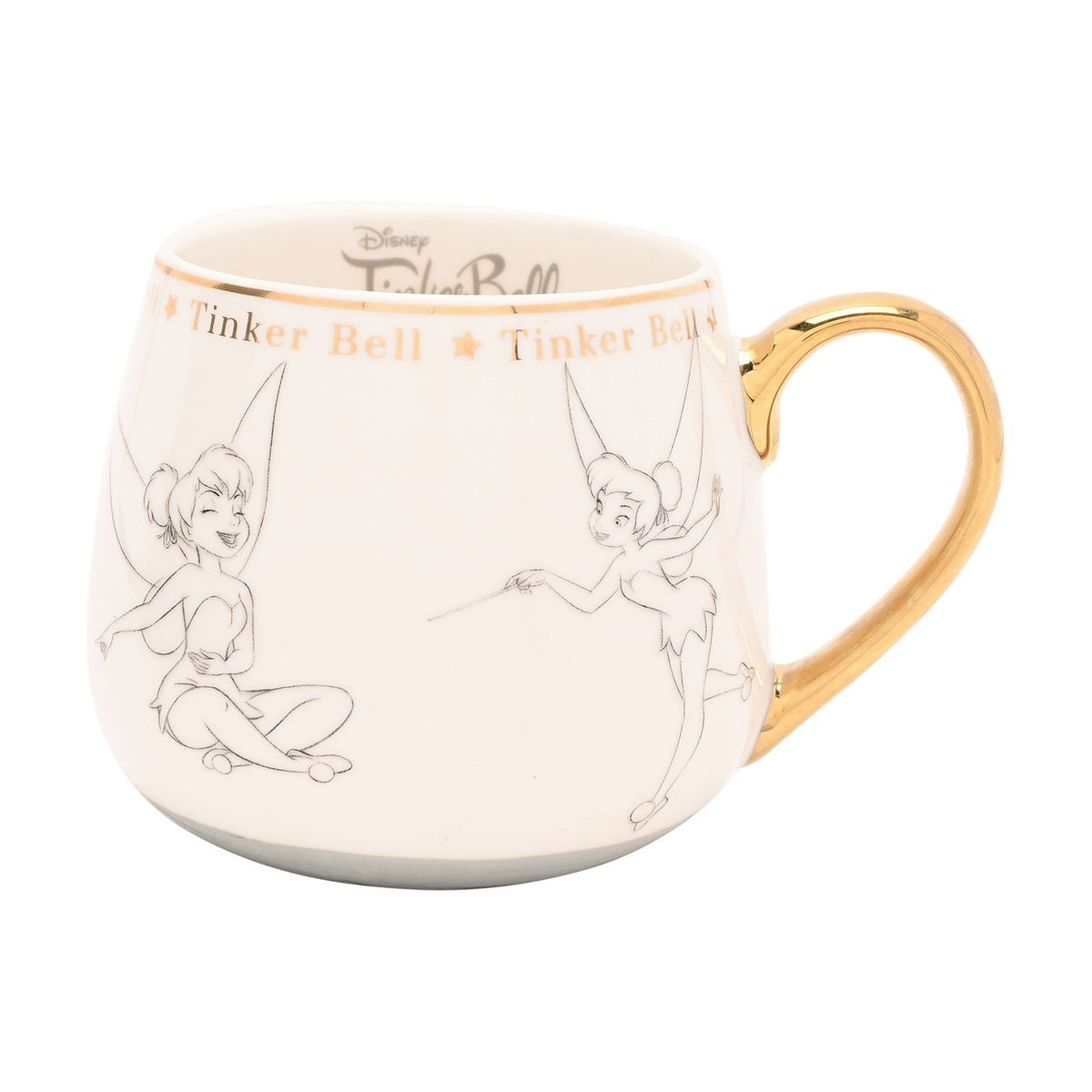 White porcelain Tinker Bell mug with grey pencil-style sketches of her in different poses, a gold handle, and a gold band repeating her name between small stars near the rim.