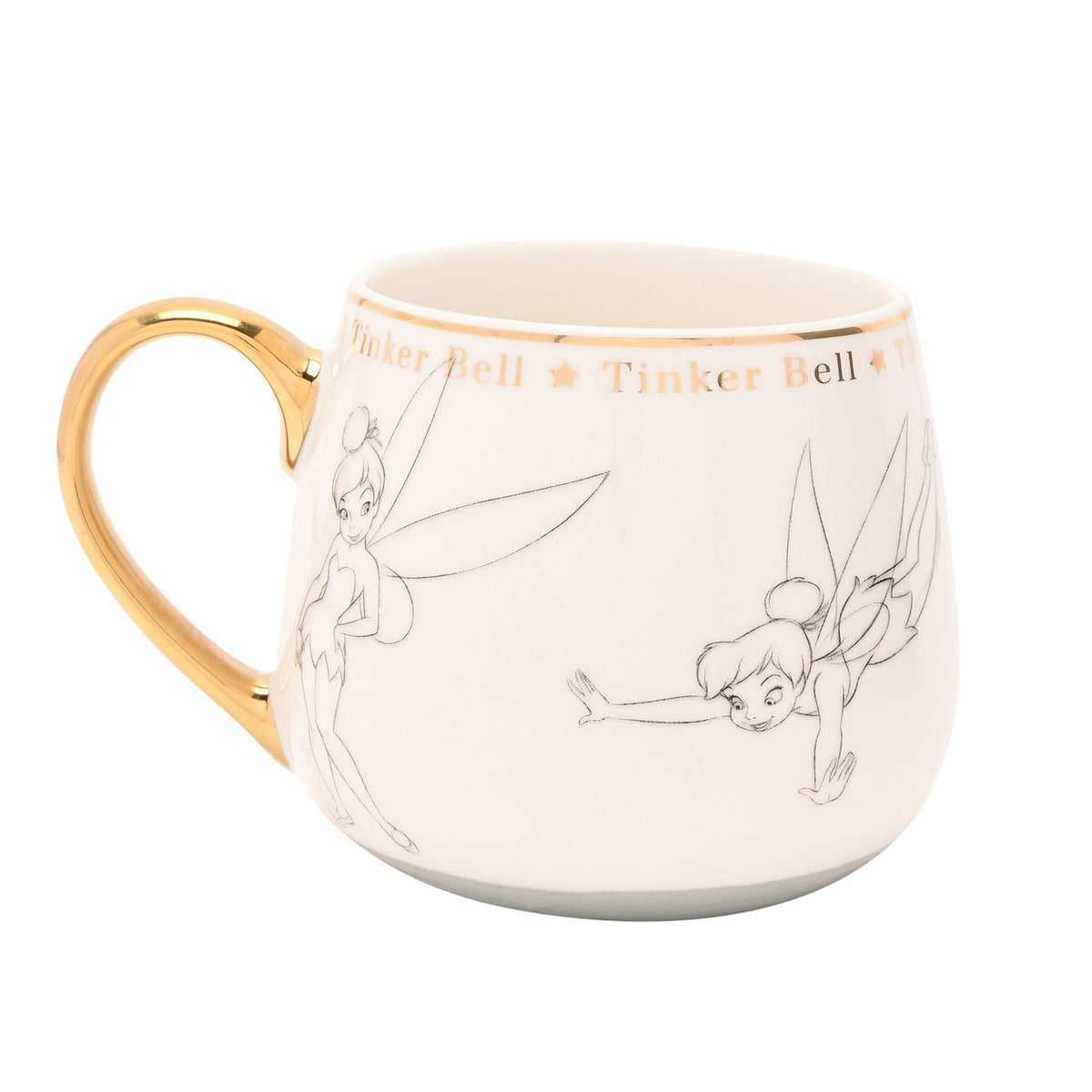 White porcelain Tinker Bell mug with gold handle, featuring pencil-style sketches of her flying and standing poses, plus a gold "Tinker Bell" text band near the rim.