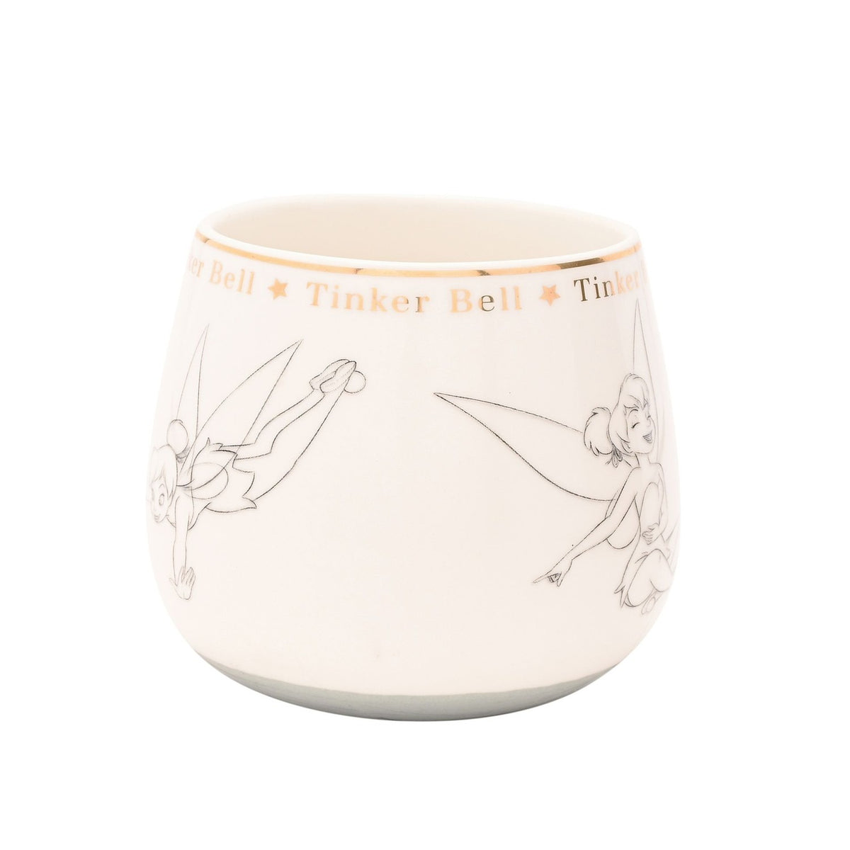 White porcelain Tinker Bell mug with fine grey pencil-style sketches of her in different poses, topped by a gold band repeating her name between small stars on a plain white background.