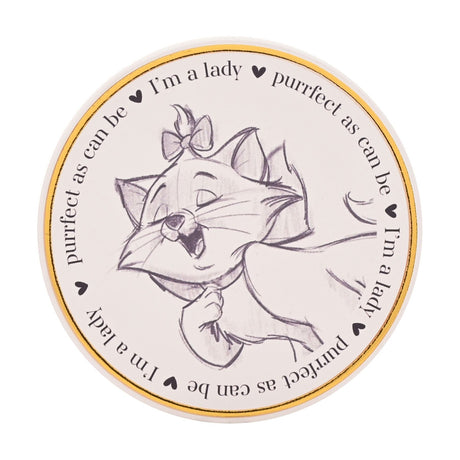 Round white stoneware coaster with gold rim, featuring a pencil-style sketch of Marie the kitten with a bow, encircled by "I'm a lady, purrfect as can be" text.