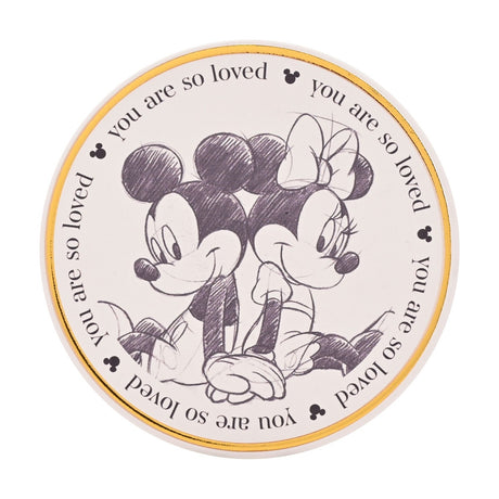 Round white stoneware coaster with a pencil-sketch of Mickey and Minnie Mouse, "you are so loved" text and gold rim detail, on a plain background.