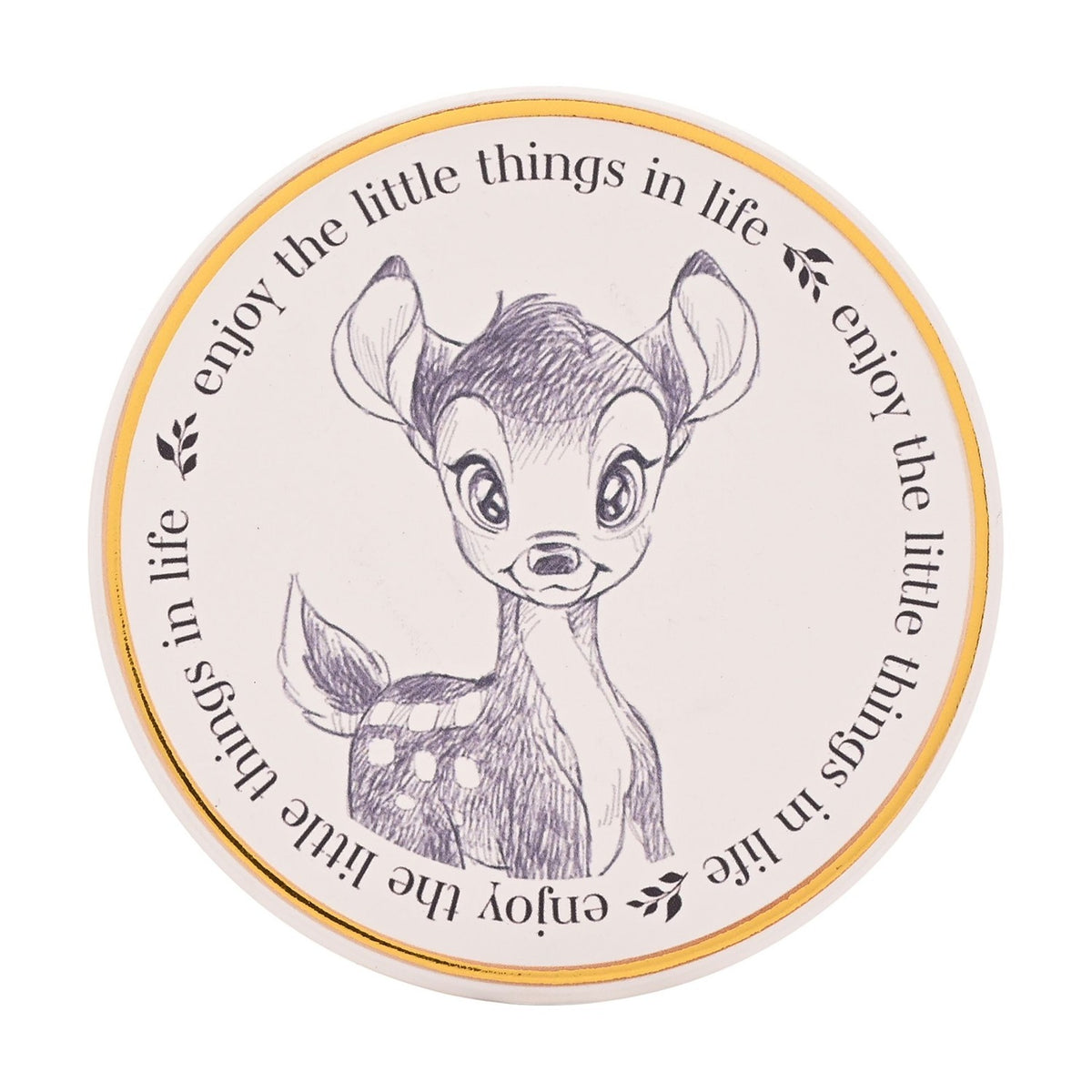 Bambi Sketch Round Stoneware Coaster with Gold Rim - White