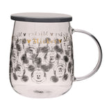 Mickey Mouse Classic Collectable Glass Mug with Lid in Grey, featuring sketch-style Mickey faces and gold "Mickey" text, with a clear handle and grey lid, shown on a white background.
