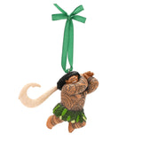 Maui hanging Christmas tree decoration, resin figure with matt finish, mid-leap pose, tattooed skin, leaf skirt, and fish hook, with green ribbon loop on a plain white background.