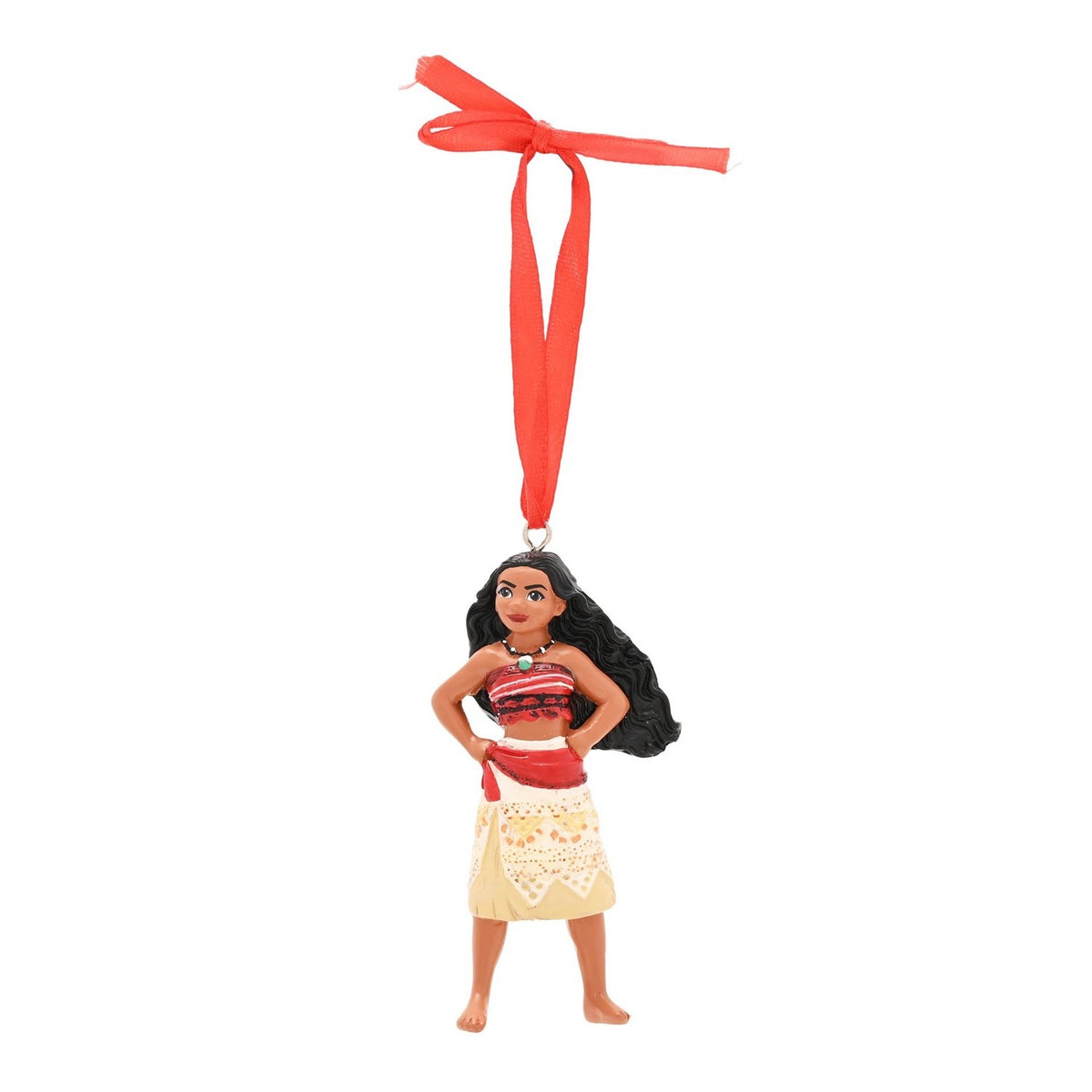 Moana hanging Christmas tree decoration in resin with matt finish, standing with hands on hips, red top and sash, cream patterned skirt, red ribbon hanger, on a white background.