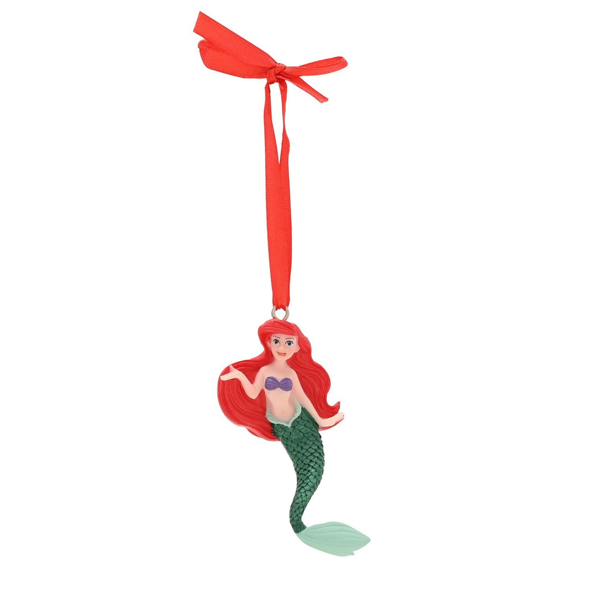 Resin Ariel hanging Christmas tree decoration with red hair, purple shell top and green scaled tail, suspended from a red ribbon bow against a plain white background.