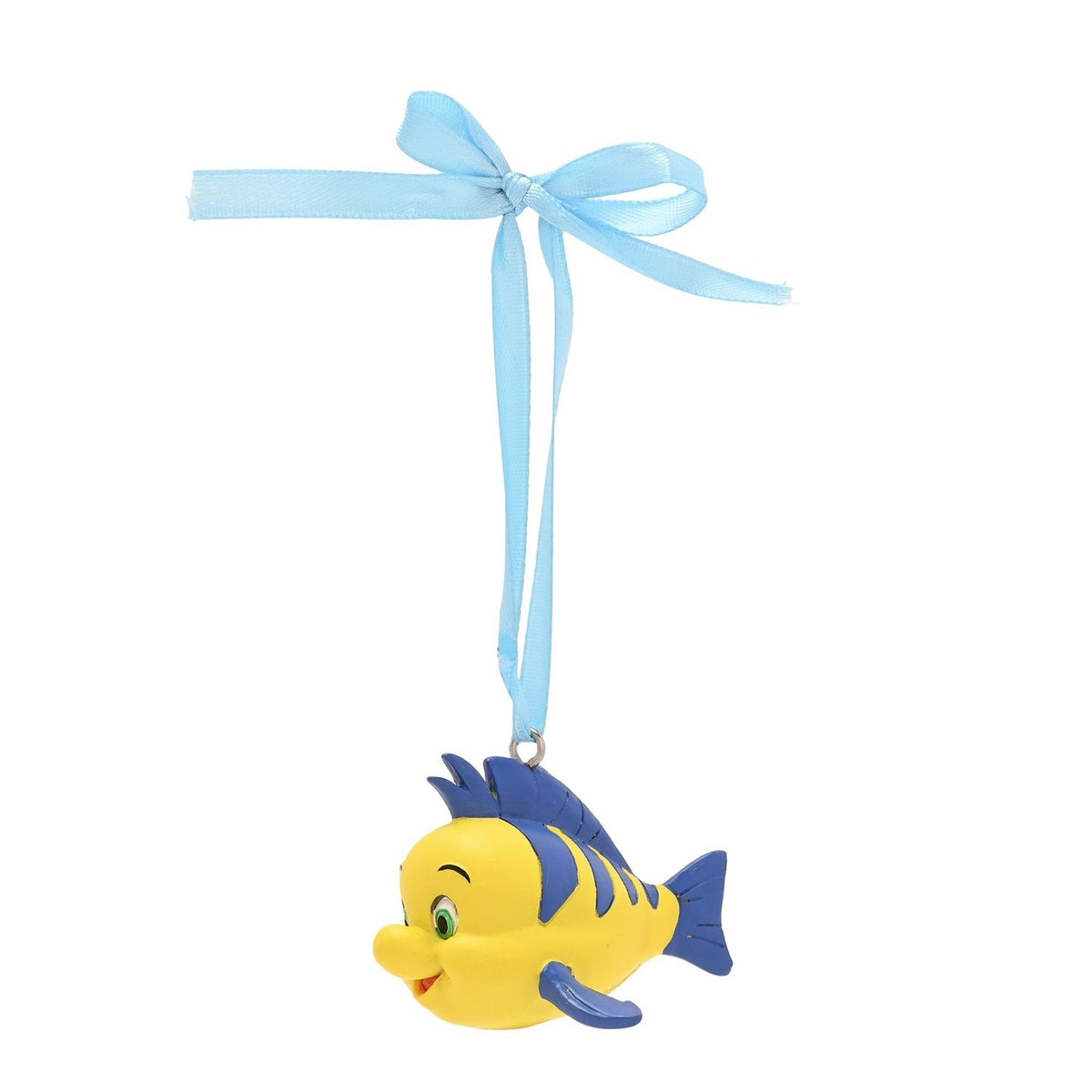 Flounder hanging Christmas tree decoration, a round yellow resin fish figure with blue stripes, crest and fins, suspended from a pale blue ribbon bow on a white background.