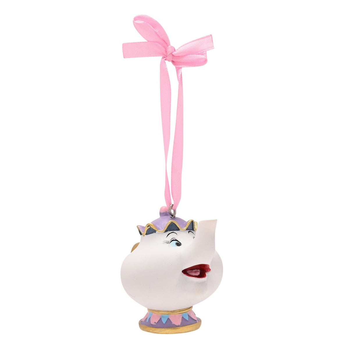 Mrs Potts hanging Christmas tree decoration, a resin white teapot with gold handle, purple crown-shaped lid, painted face and pink ribbon loop, on a plain white background.