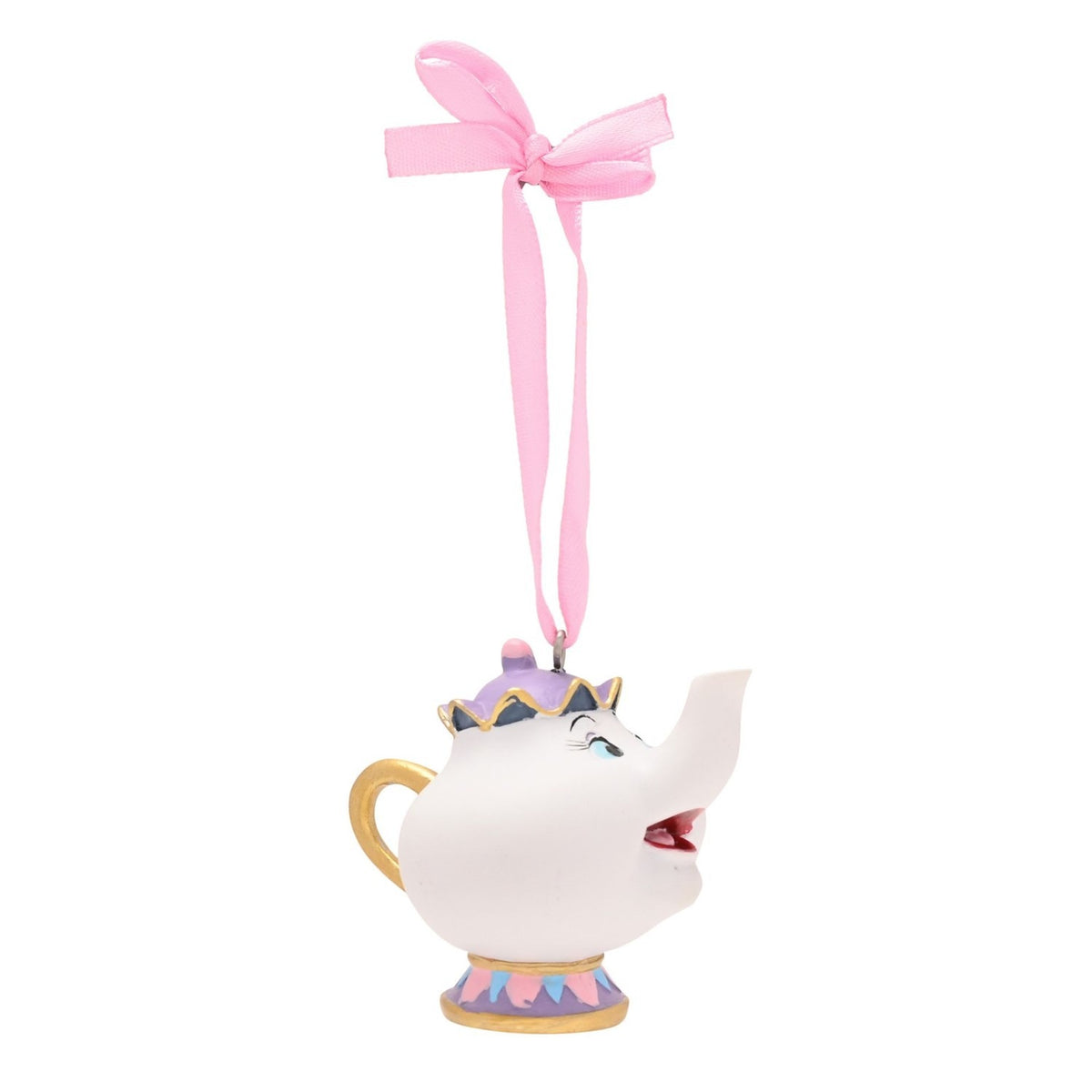 Mrs Potts hanging Christmas tree decoration, a resin white teapot with gold handle, purple lid, gold crown trim and a painted face, on a pink ribbon, plain white background.