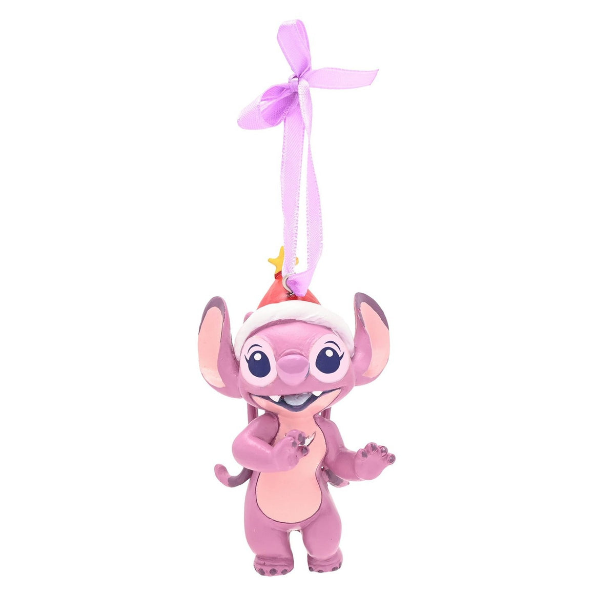 Resin hanging Christmas decoration of Angel in mauve pink with pale pink tummy and Santa hat, raised paws and wide ears, hung on a lilac ribbon against a white background.