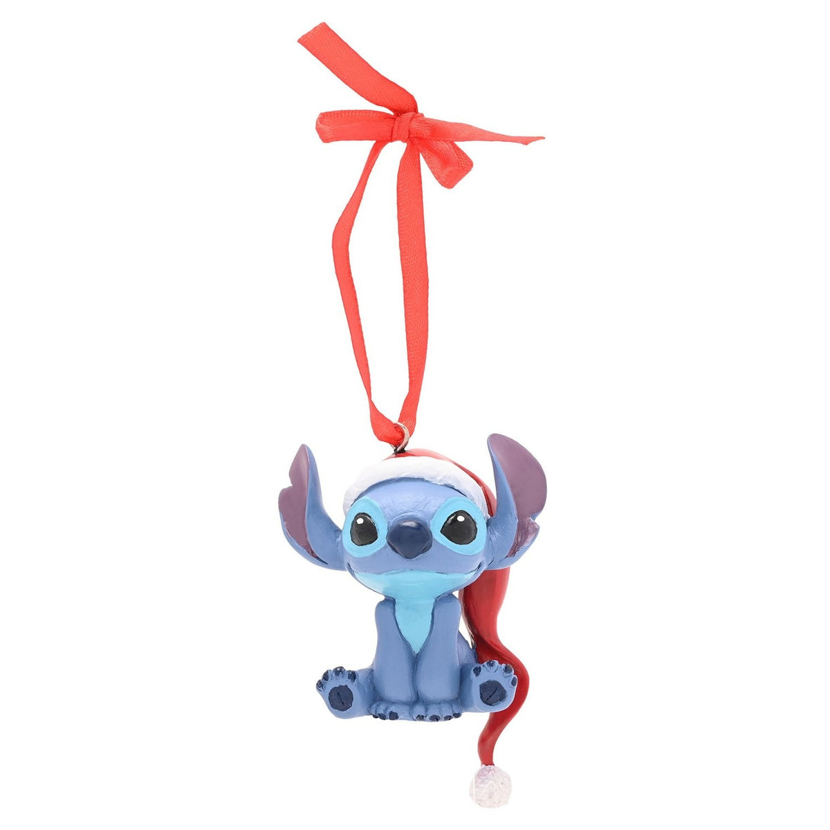 Stitch hanging resin Christmas tree decoration, seated in blue with pale blue eye patches, wearing a red and white Santa hat, on a red ribbon against a plain white background.