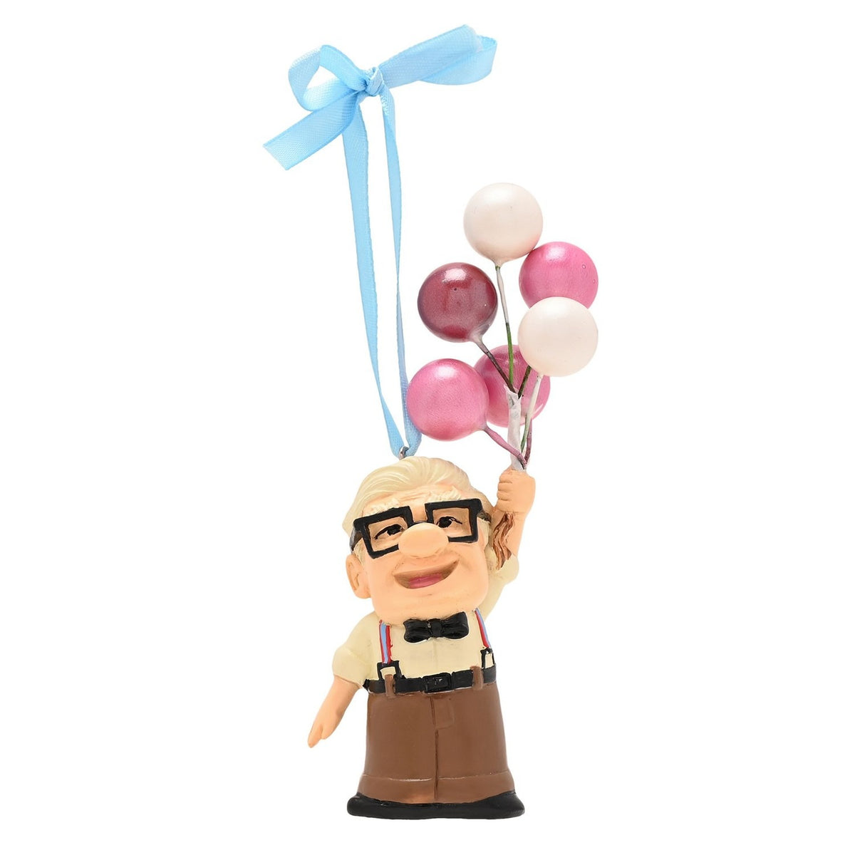 Resin hanging Christmas decoration of Carl holding pink, white and plum balloons on a blue ribbon, with glasses, bow tie and braces, on a white background.