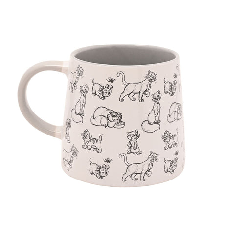 White stoneware mug with grey interior, featuring black line-drawn cat and kitten sketches all around, set against a plain white background.