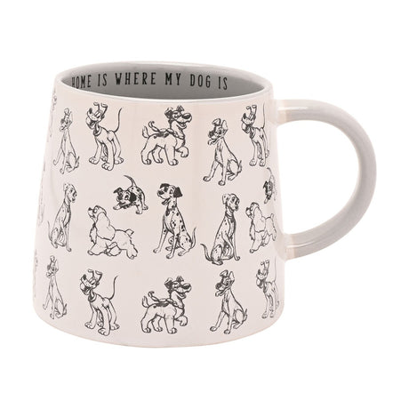 White stoneware mug with grey interior and handle, covered in black line drawings of cartoon dogs, "Home Is Where My Dog Is" printed inside the rim, on a plain white background.