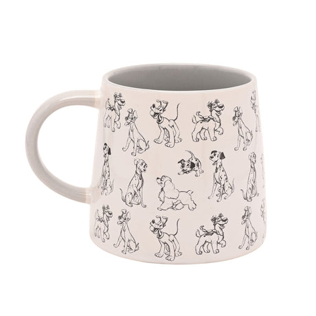 White stoneware mug with grey interior and handle, featuring black line drawings of cartoon dogs in sitting and playful poses, shown on a plain white background.
