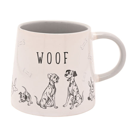 White tapered stoneware mug with grey interior and handle, featuring "WOOF" text, sketch-style Dalmatian dogs, and pale bone motifs on a plain background.