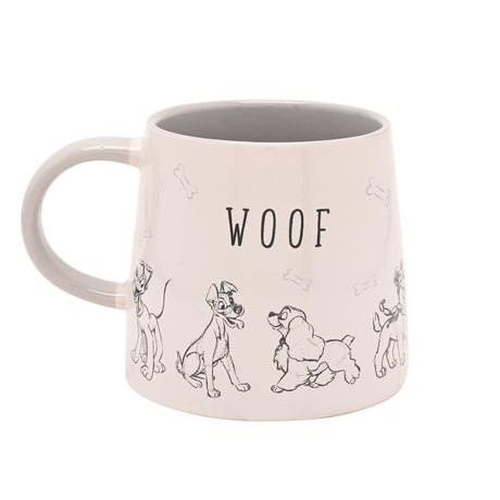 White tapered stoneware mug with grey interior and handle, featuring sketch-style dog illustrations, pale bone motifs, and the word "WOOF" printed on the white body.