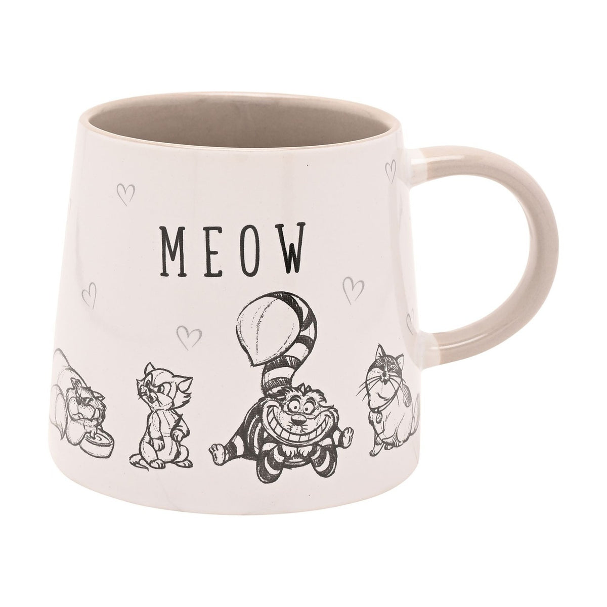 White stoneware mug with "MEOW" printed in black, featuring sketched cats, a grinning striped-tail cat, and small grey hearts, with a matching grey glossy handle and interior.