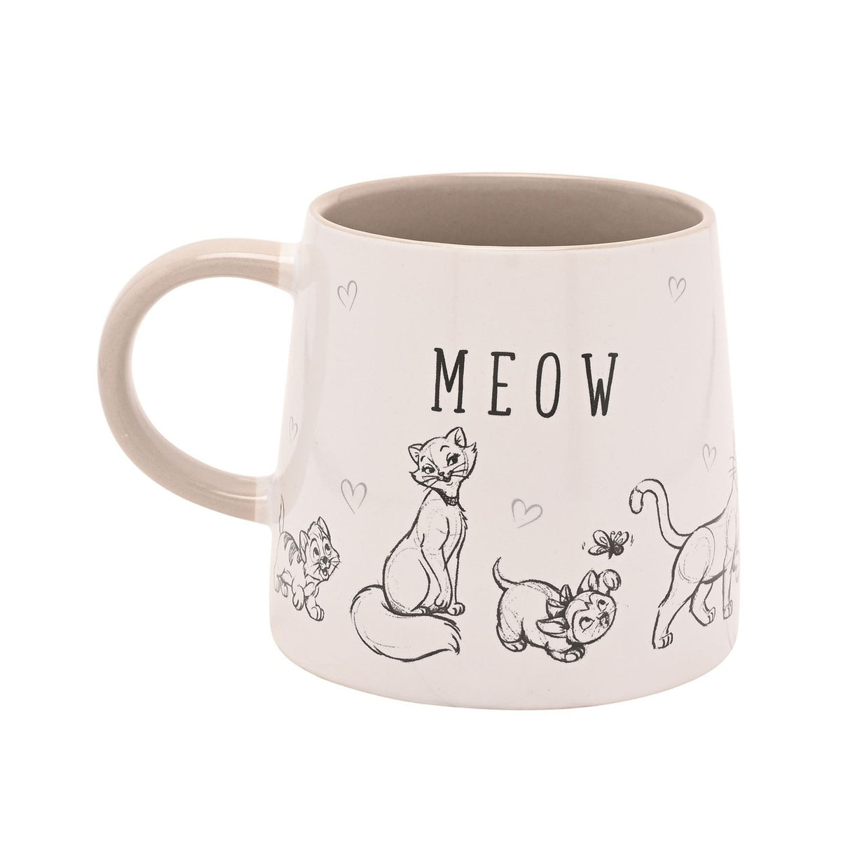 White stoneware mug with glossy glaze, grey handle and rim, featuring sketched black-line cats, floating hearts, and "MEOW" printed in bold capitals on a plain background.