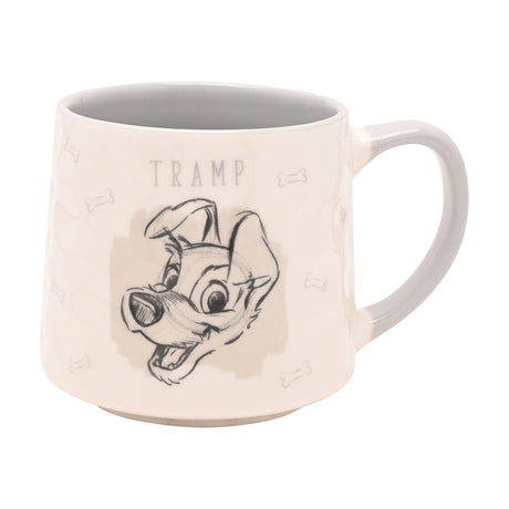 White stoneware mug with grey interior and handle, featuring a sketch-style drawing of Tramp with "TRAMP" lettering, surrounded by bone motifs, on a plain background.