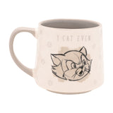 Off-white stoneware mug with a sketched cat face and "I CAT EVEN" text, grey paw prints, and a grey handle, set against a plain white background.