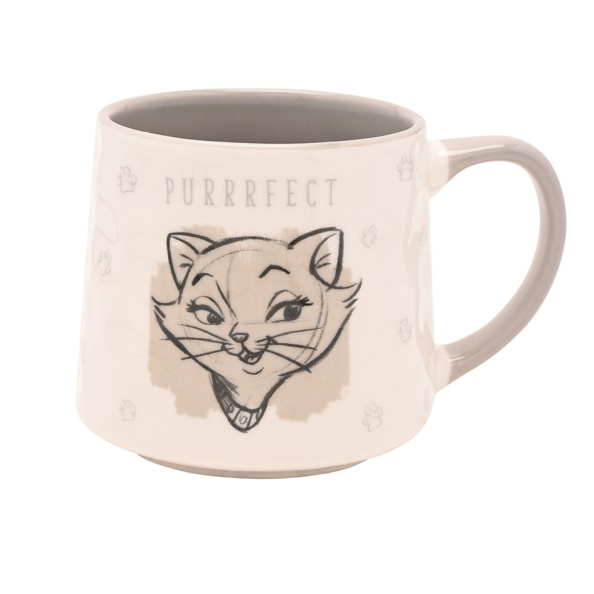 Off-white stoneware mug, 560ml, with a sketched cat face and "PURRRFECT" text, grey paw prints, and a curved handle, shown on a plain white background.