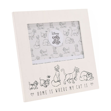 White wooden 6x4in photo frame with sketch-style Aristocats cats along the border and "Home is where my cat is" text, shown on a plain white background.