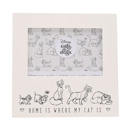 White wooden 6x4in photo frame with cat-patterned insert and sketch-style Aristocats line art, reading "Home Is Where My Cat Is" along the base.