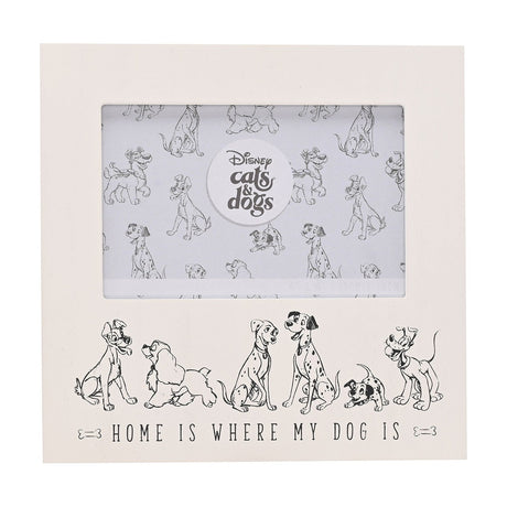 White wooden 6x4in photo frame with patterned insert, "Home Is Where My Dog Is" text, bone icons, and a hand-drawn row of six cartoon dogs along the base.