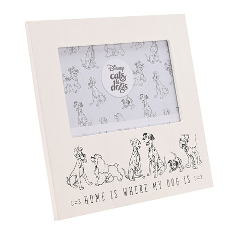 White wooden 6x4in photo frame with "Home Is Where My Dog Is" text and line-drawn dogs below a 4x6in photo opening, shown on a plain white background.