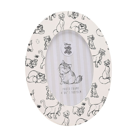 Oval wooden photo frame in white with black line drawings of Aristocats characters, holding one 6x4in photo, shown on a plain background.